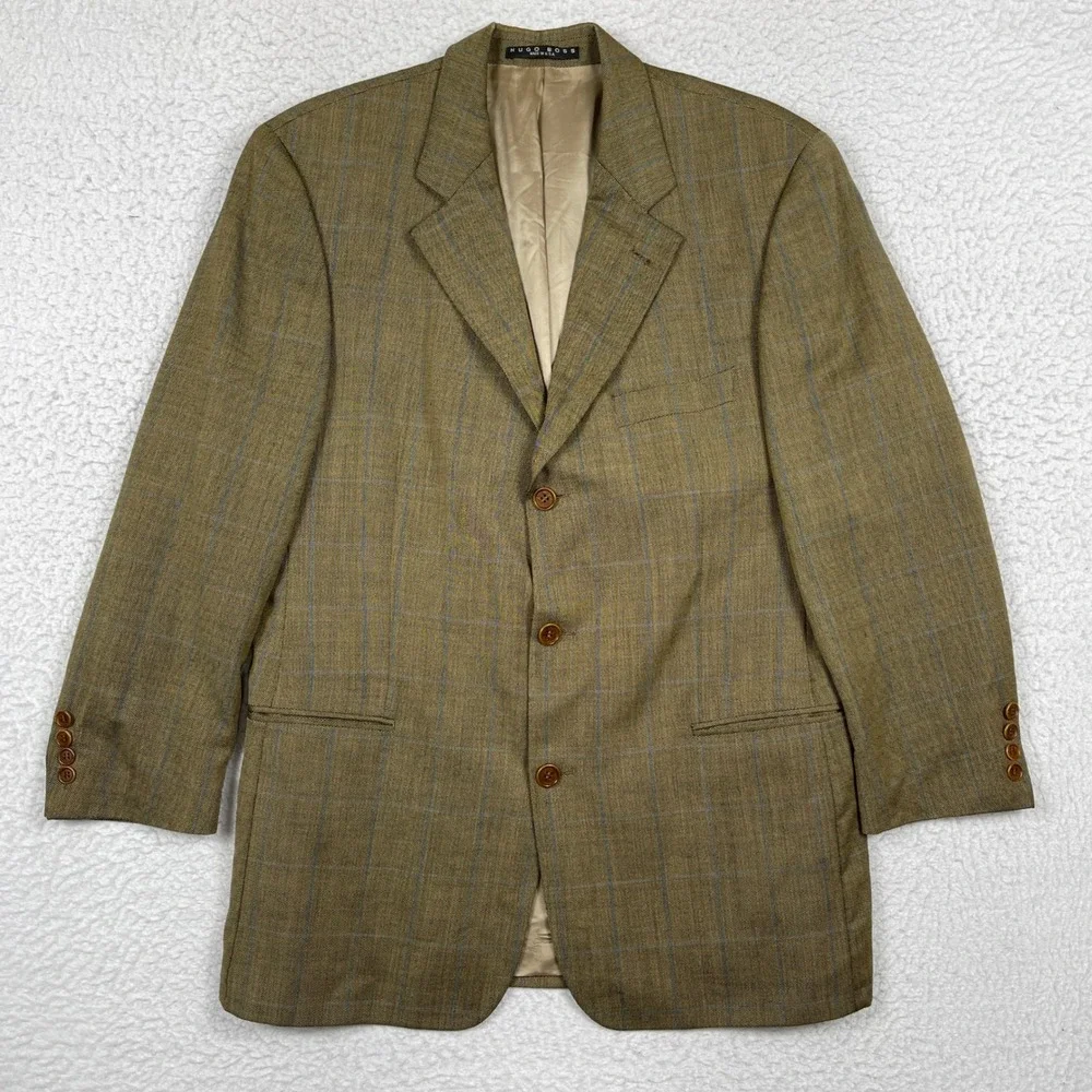 Hugo Boss Blazer Mens 42R Brown Einstein Wool Windowpane Plaid Dark Academia